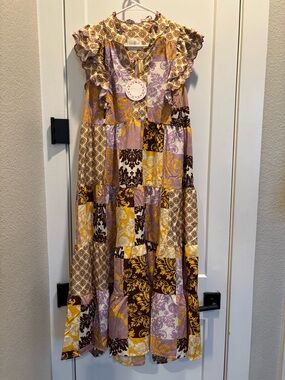 Patchwork Ruffle Midi Dress in Yellow, Lavender & Brown